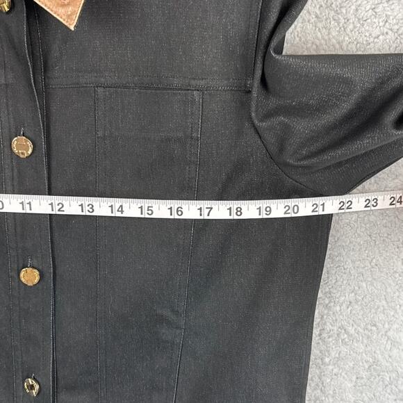 Vintage St. John Black Denim Jacket Leather Trim Signature Gold Buttons Size S - Picture 4 of 12